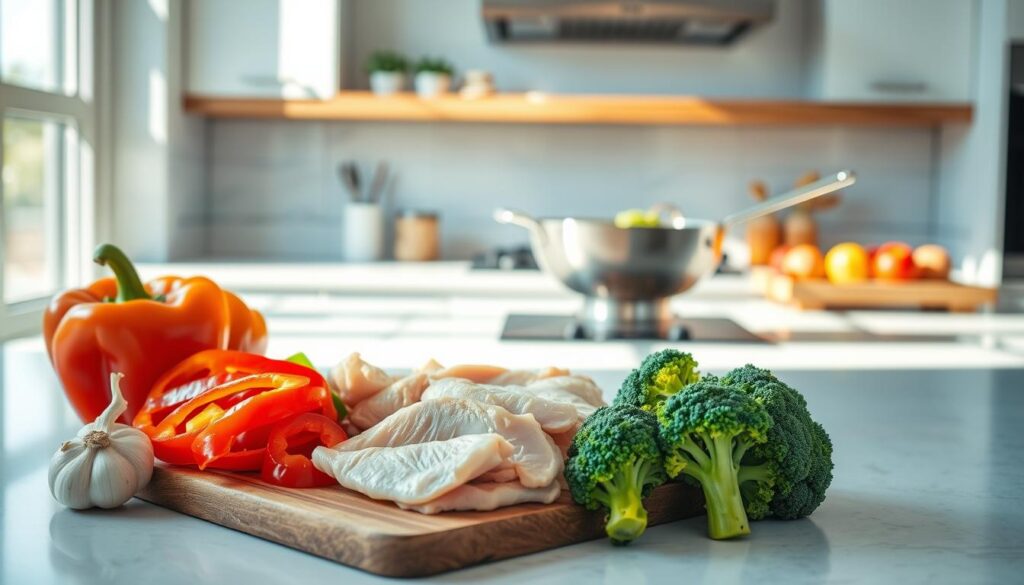 Preparing Chicken and Vegetables for Stir-Fry