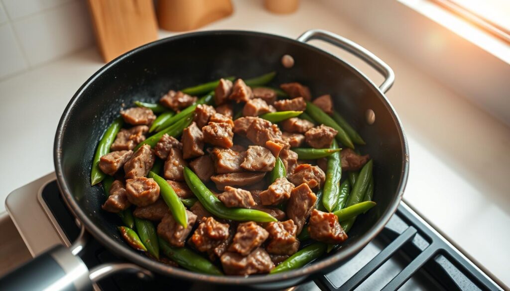 Stir-fry beef with snow peas cooking technique